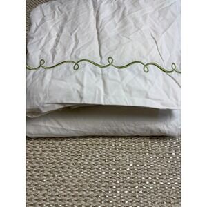 Pine Cone Hill White Cotton Queen sheet set. Green Scroll Embroidery flat fitted